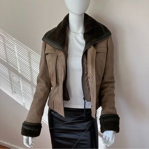 Diversi neutral ultra soft leather jacket w/olive shearling cuff & collar liner
